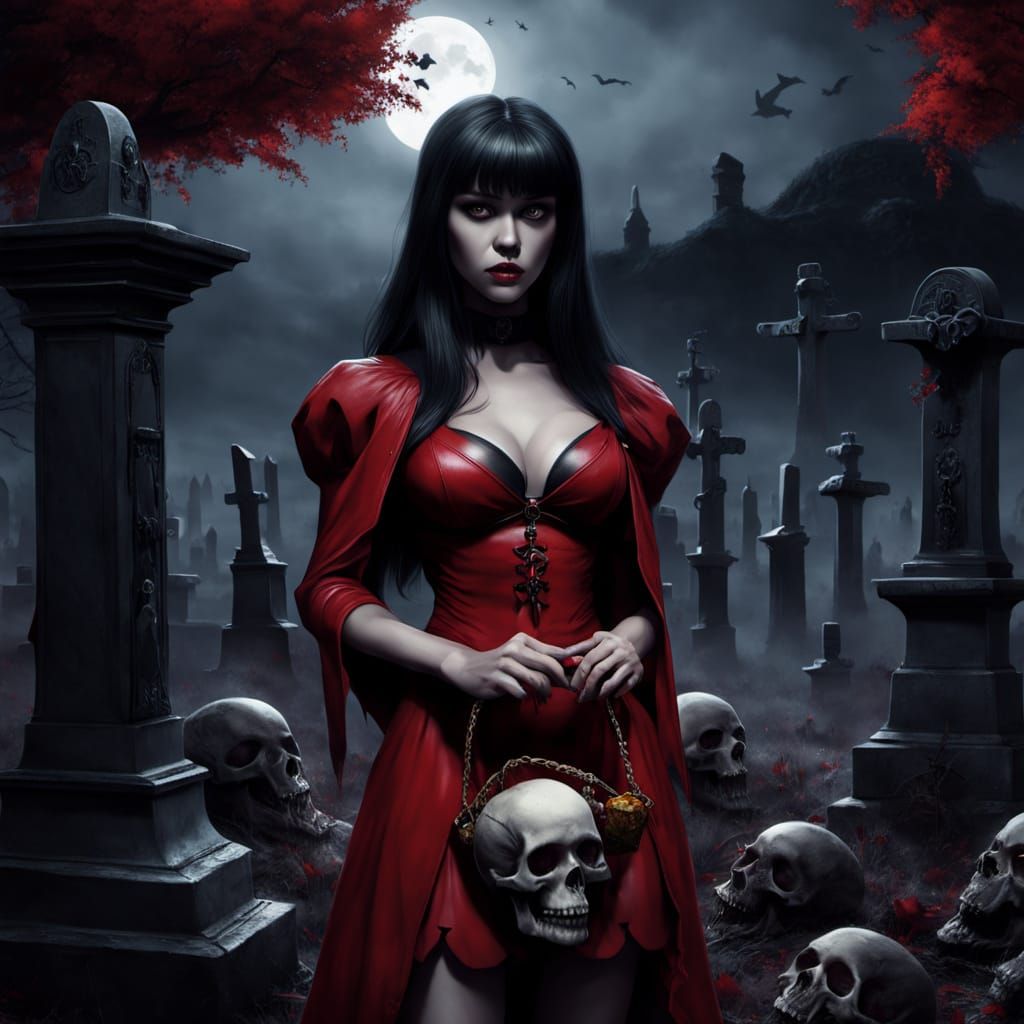Vampirella with Candy and Skull in Eerie Cemetery