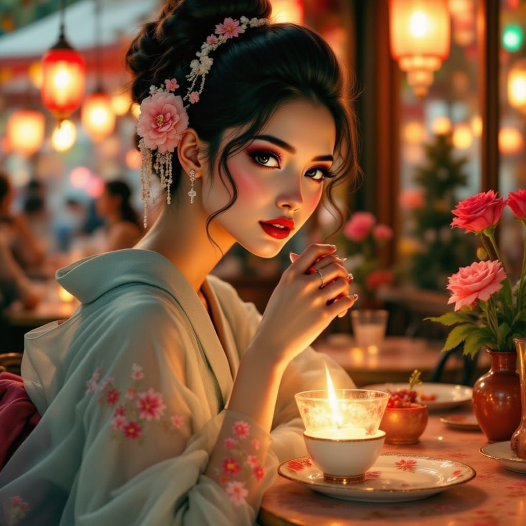 Geisha in Parisian Cafe at Night, Impressionist Style