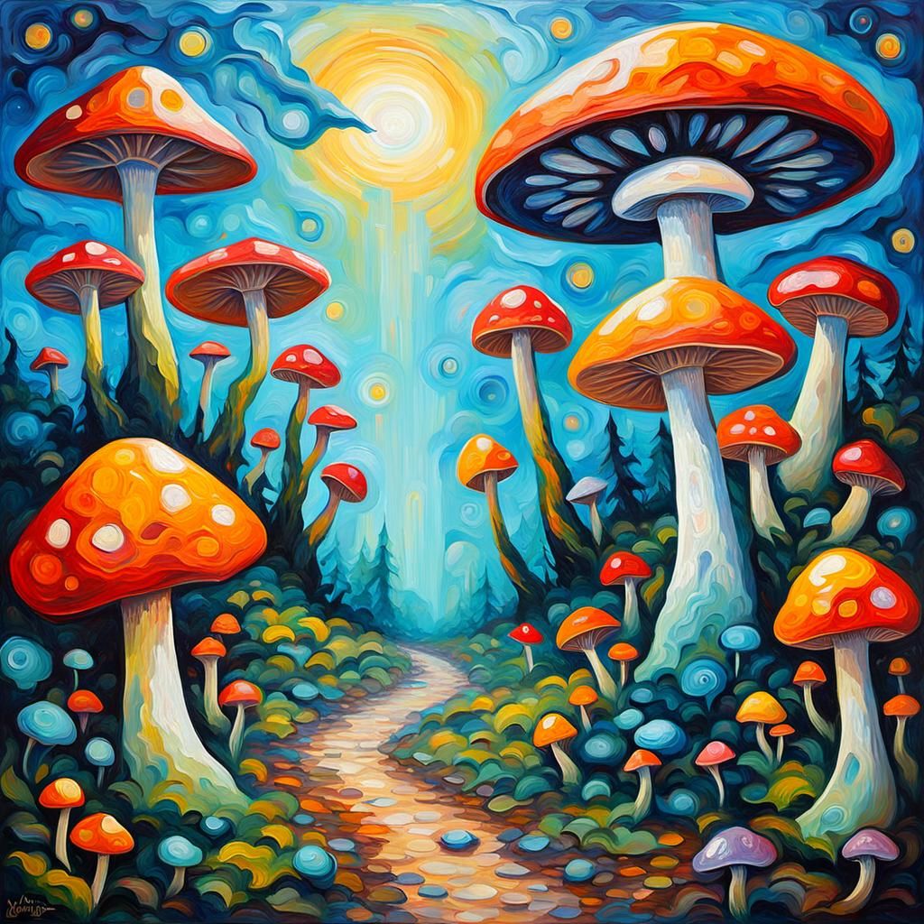 Alien Encounter with Mushrooms: Neo-Impressionist Oil Painti...