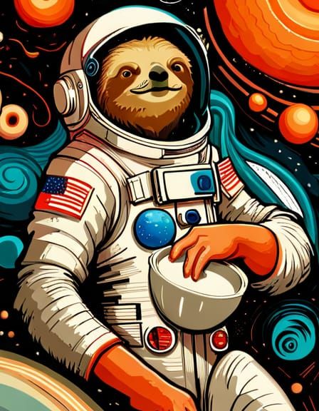 Astronaut Sloth in Space: Composite Digital Illustration