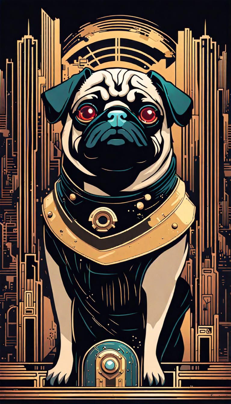 Art Deco Pug in Cyberpunk World