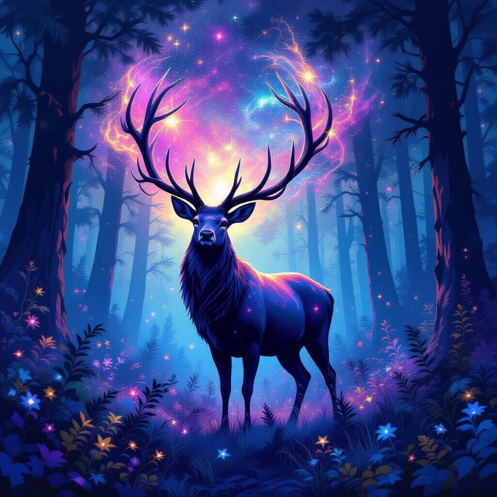 Cosmic Deer in Ethereal Forest with Nebula Antlers