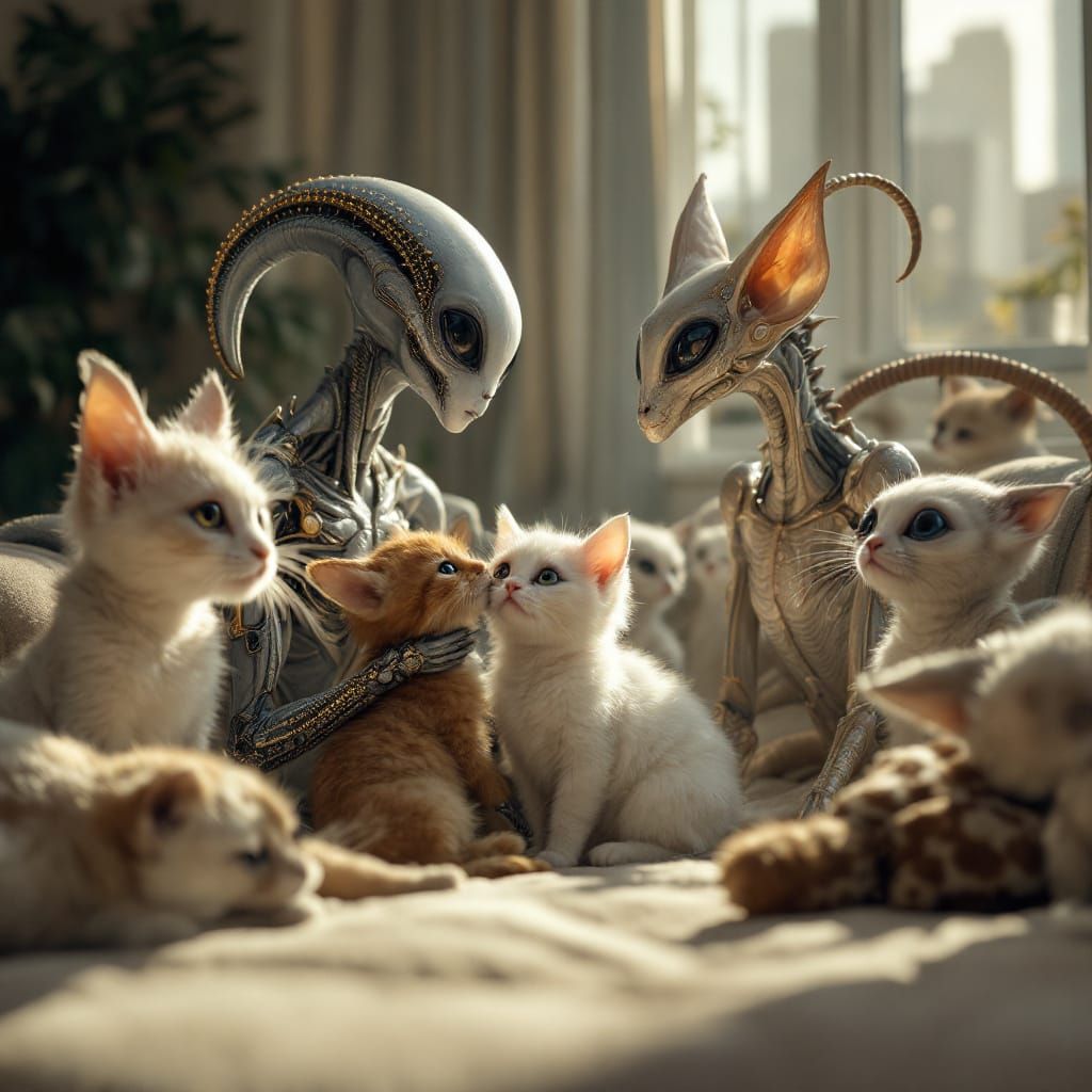 Hyperrealistic Photo of Aliens and Humans with Exotic Pets