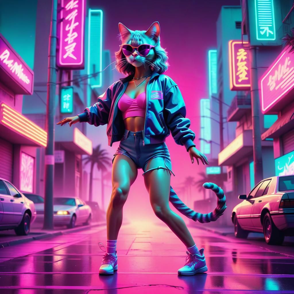 Neon Hip-Hop Cat Dancer in Synthwave Style