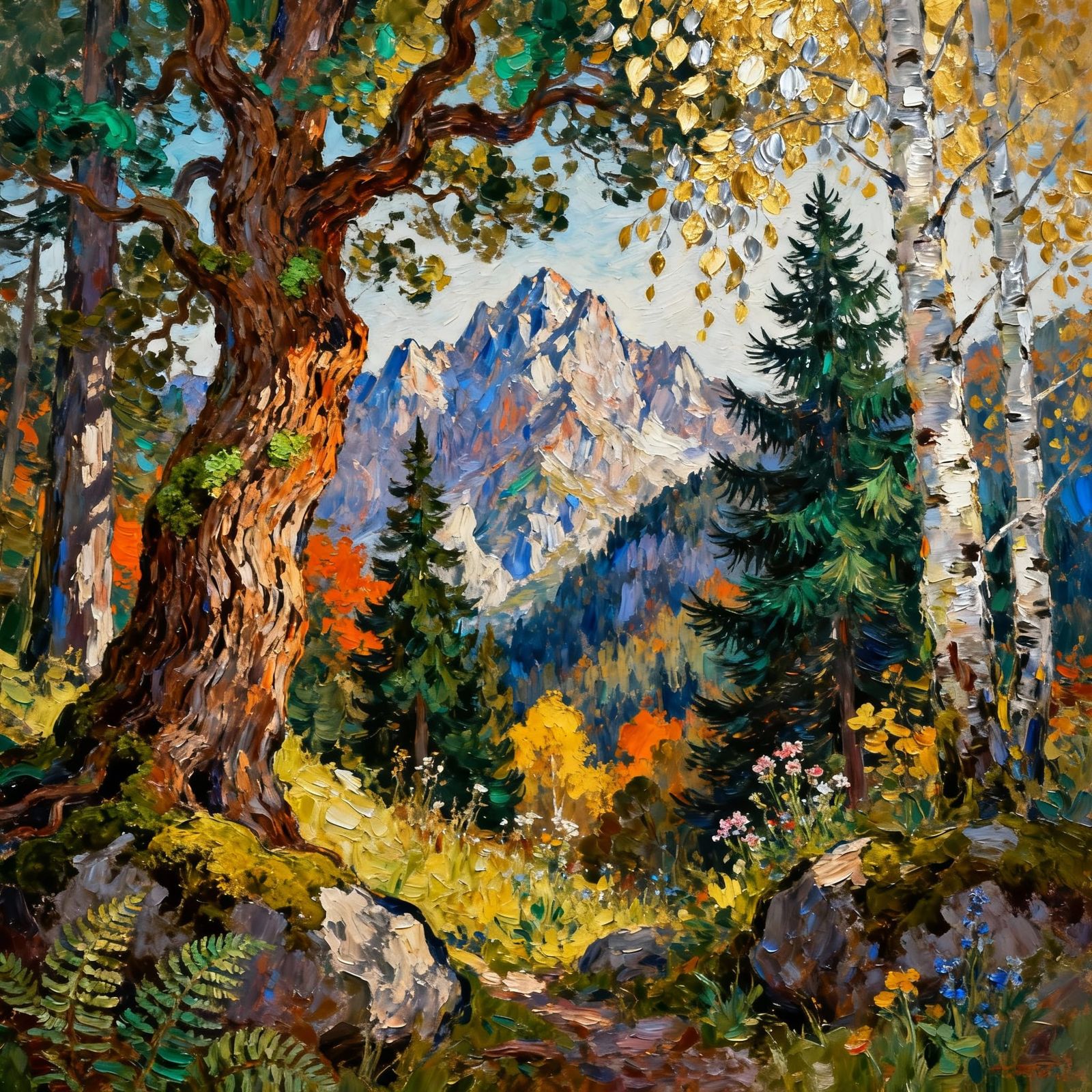 Textured Oil Painting of Austrian Alps Landscape