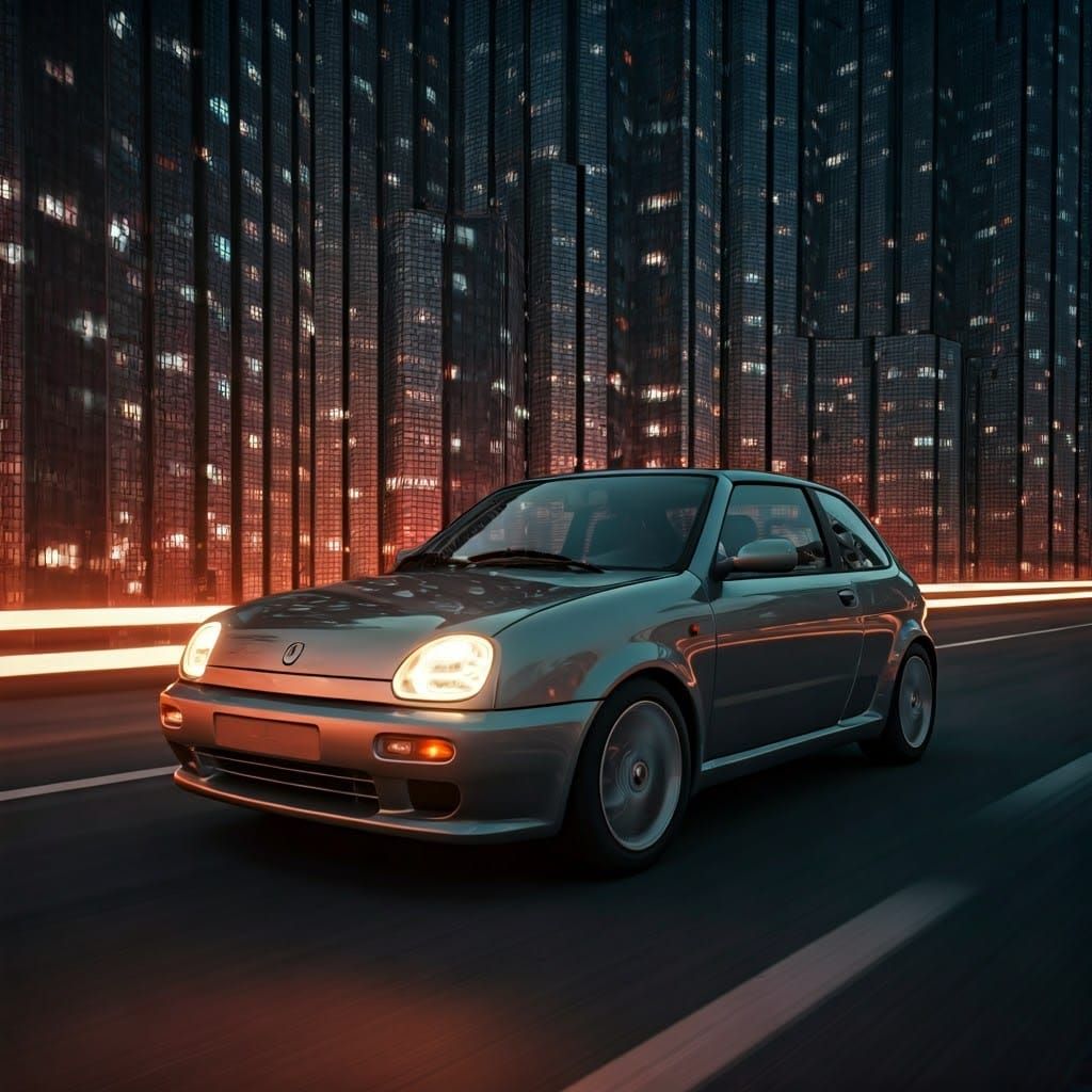 Vintage Fiat Roadster Speeds Through Neon Diamond Metropolis
