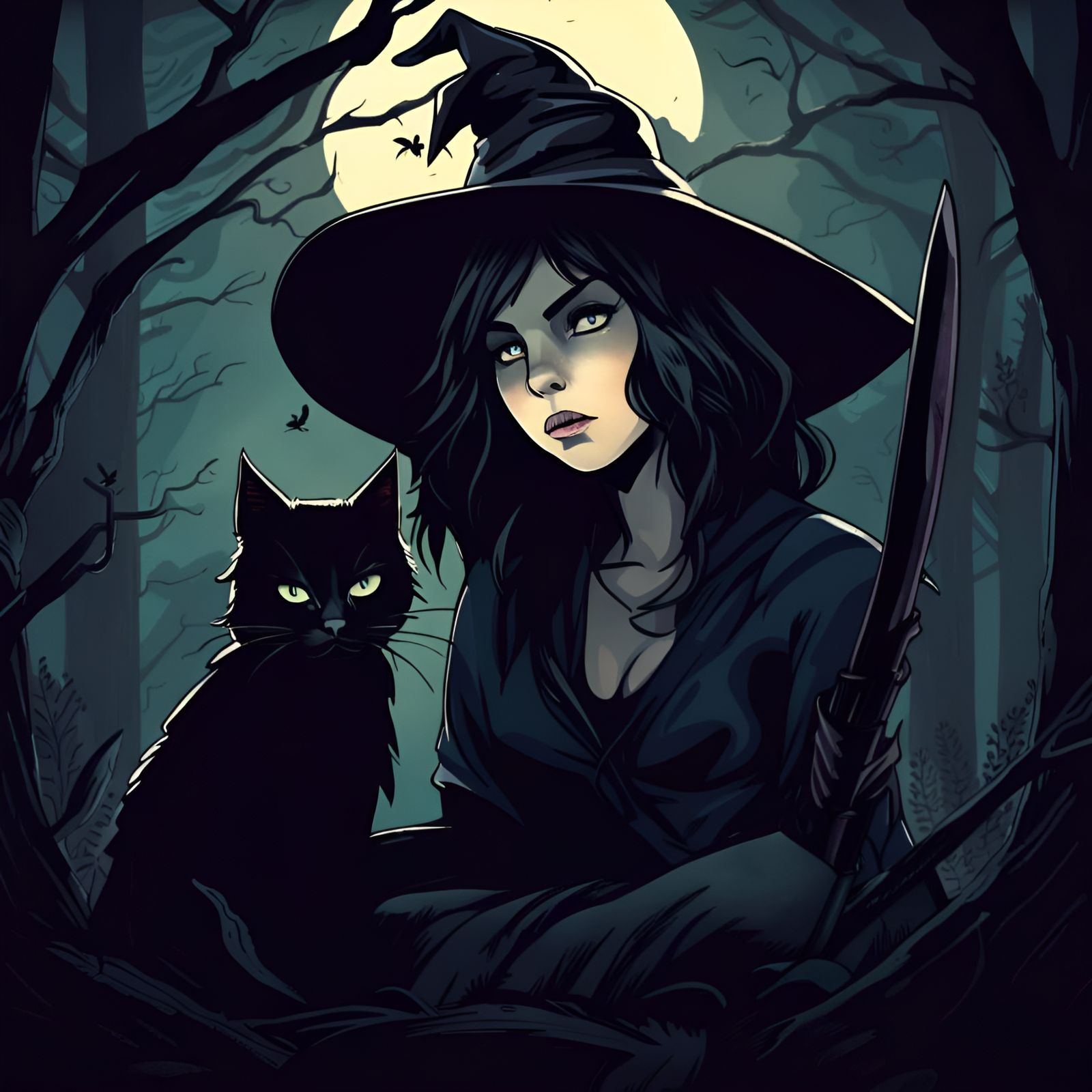 Sad Witch Portrait with One-Eyed Cat in Comic Style