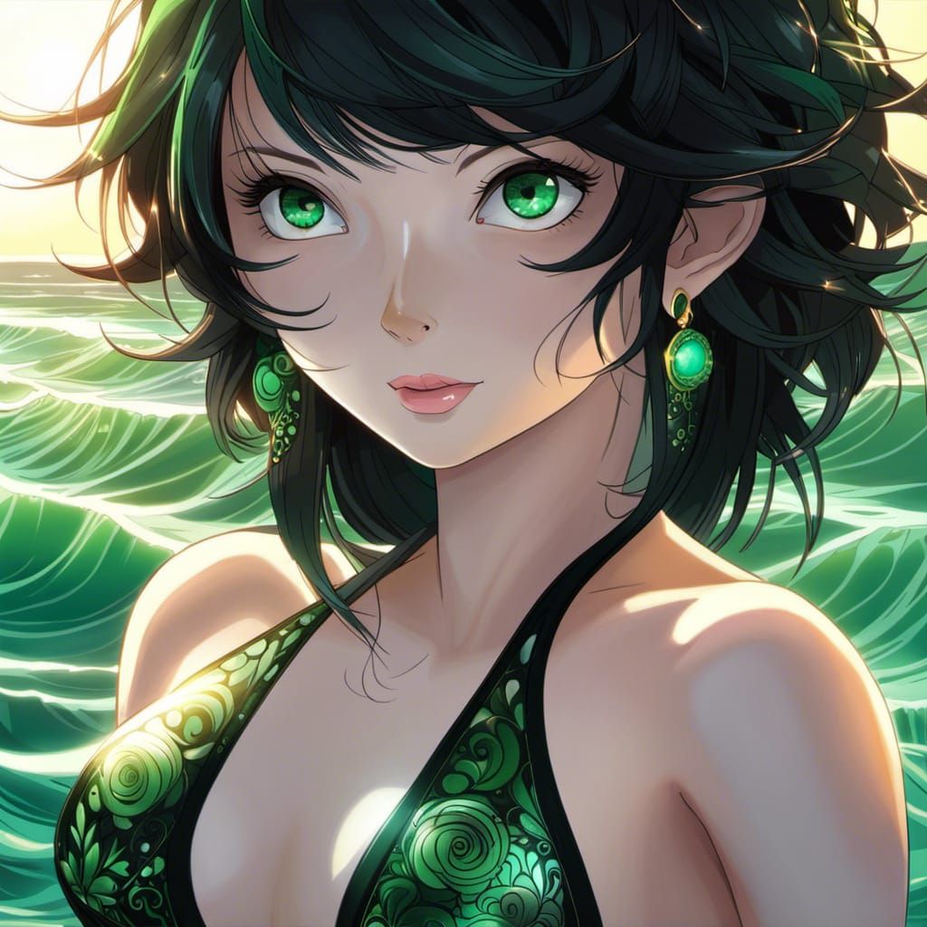 Anime Girl Portrait with Emerald Eyes and Fractal Swimsuit