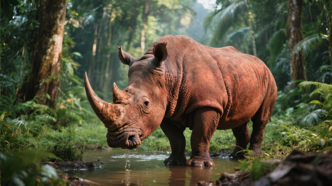 Hyper-Realistic Sumatran Rhinoceros in Lush Rainforest