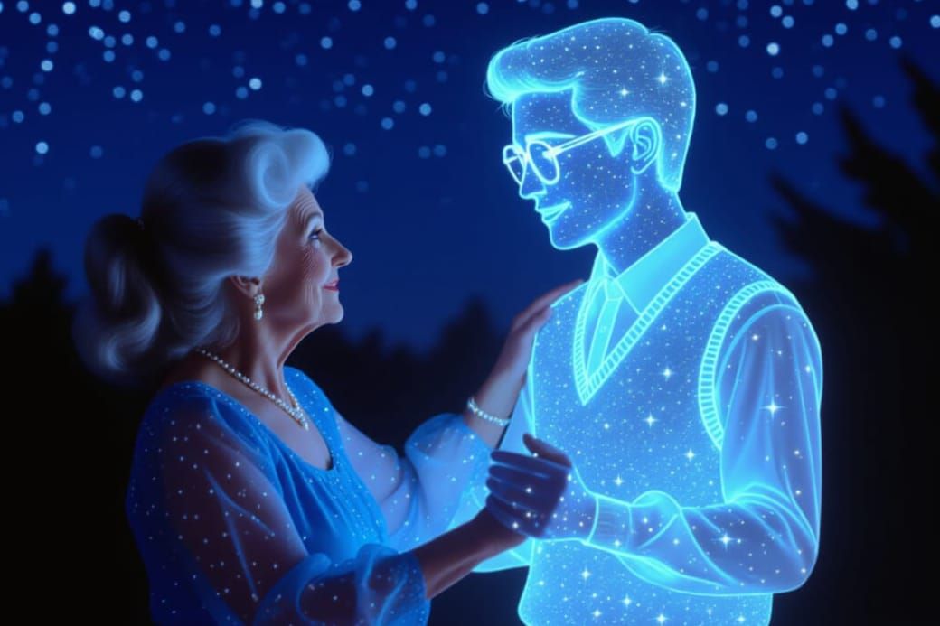 Old Lady Dances With Starry Ghost Man in 80s VHS Style