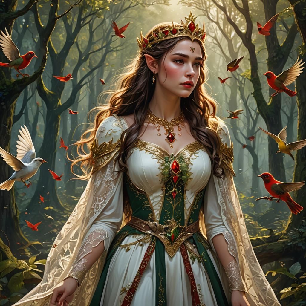 Elven Princess in Enchanted Forest, Detailed Matte Painting
