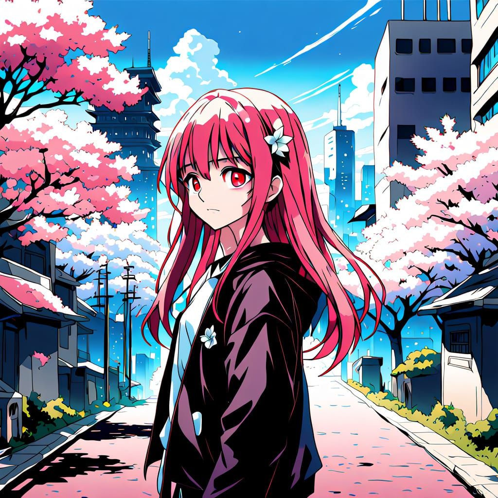 Neo Tokyo Pop Woman in Sakura Bloom