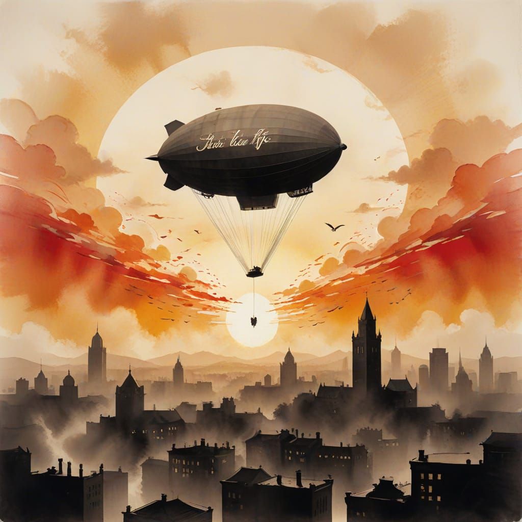 Blimp Over City at Golden Hour: Ink Wash Art