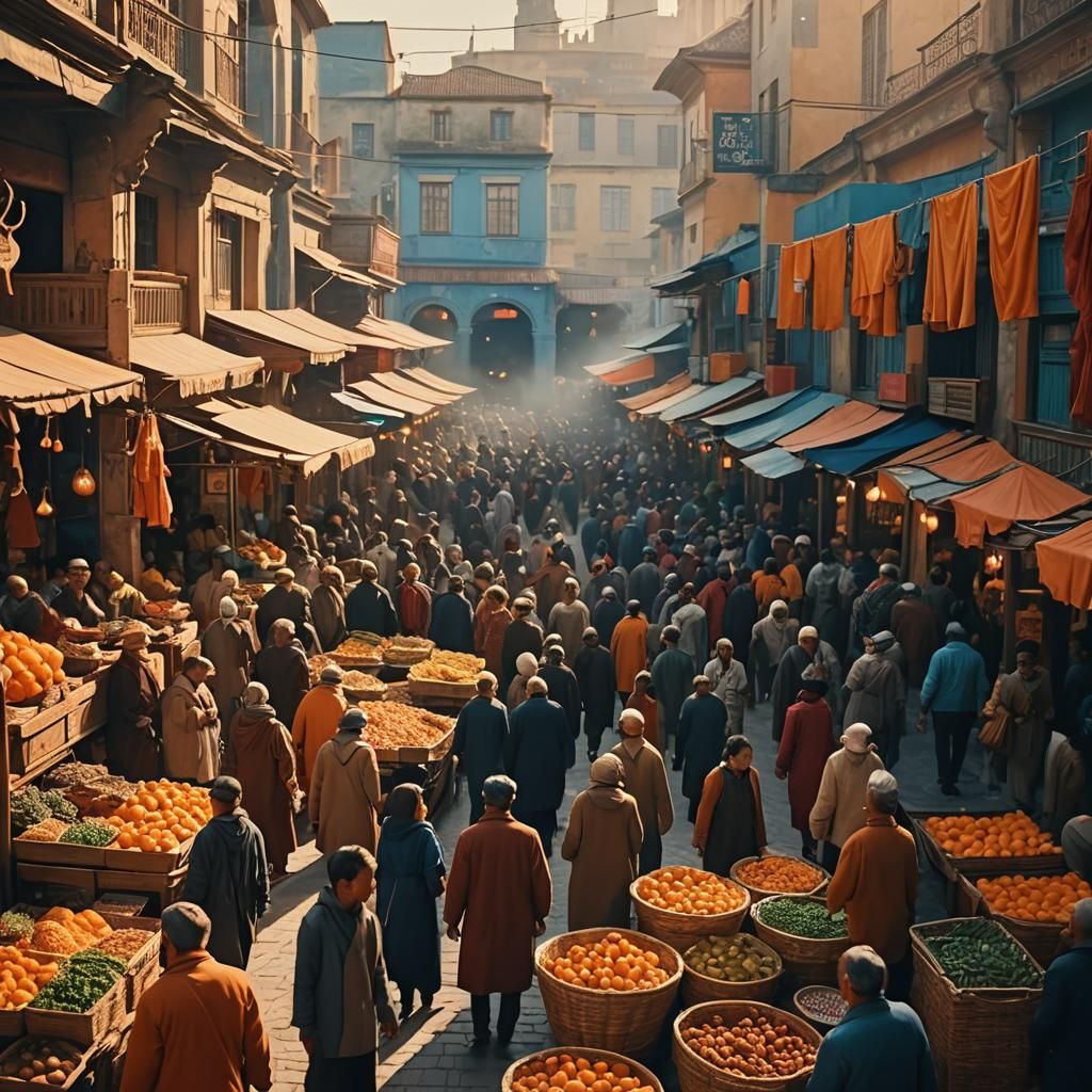 Vibrant Market Scene in Golden Hour Lighting