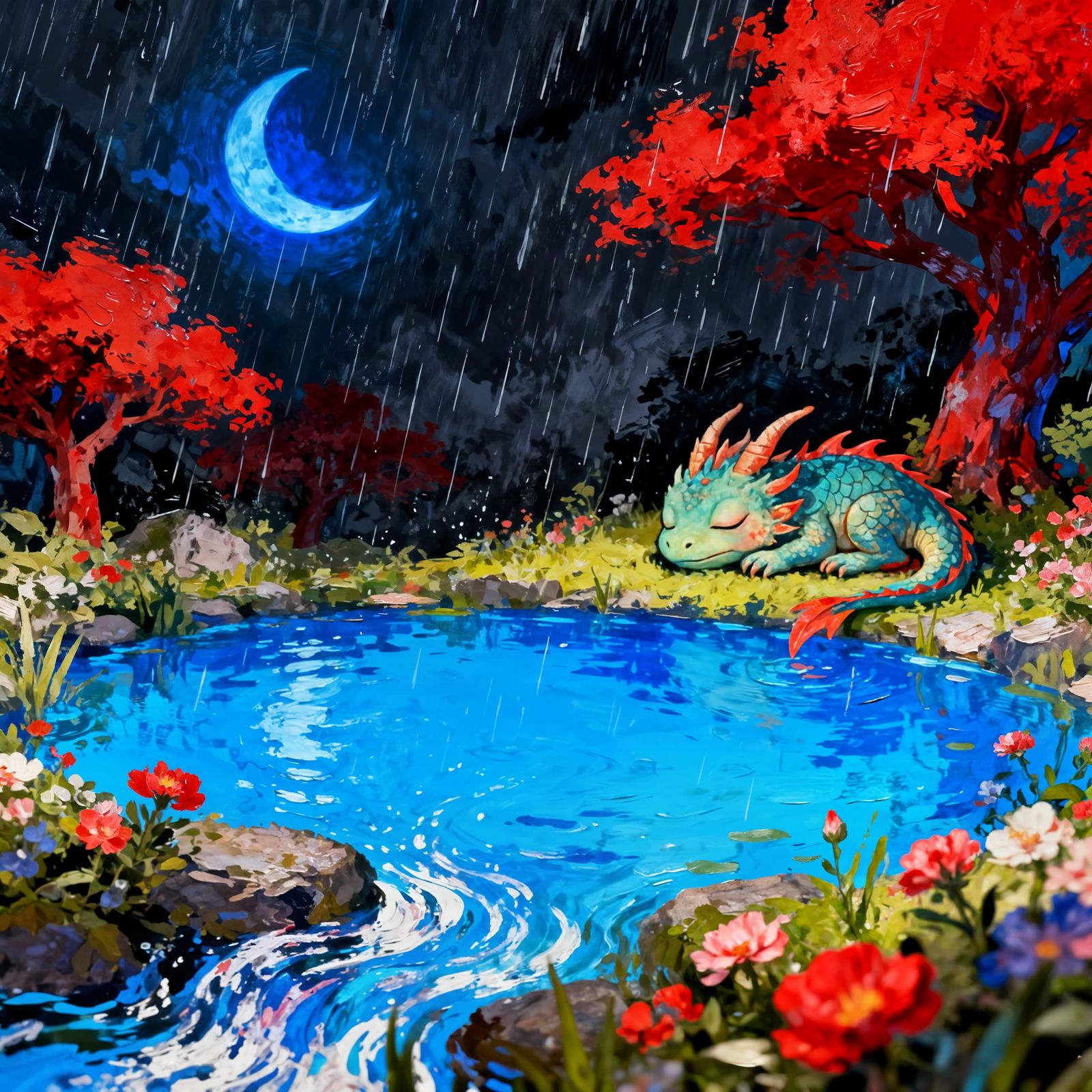 Cute Baby Dragon Sleeps by Tranquil Pond