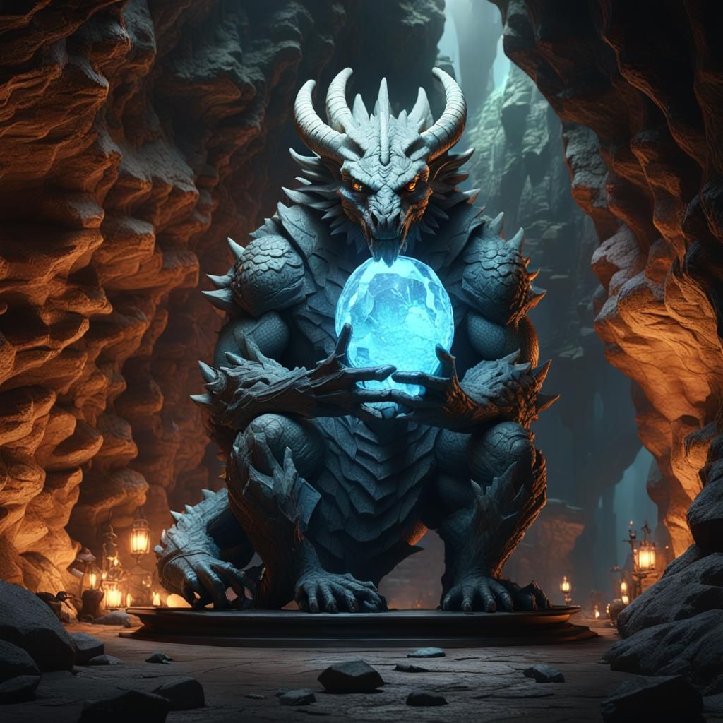 Stone Dragon-Man Statue with Gemstone in Cave
