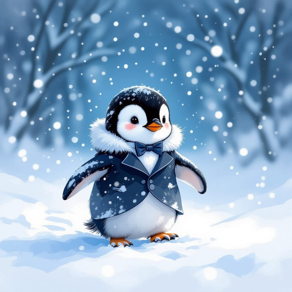 Lost Penguin in Blizzard: Watercolor Art