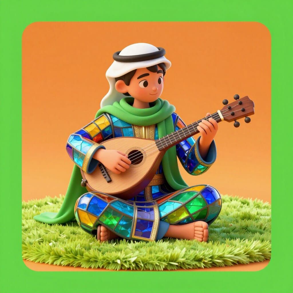 Arabic Boy Plays Stained Glass Oud in Vibrant 3D