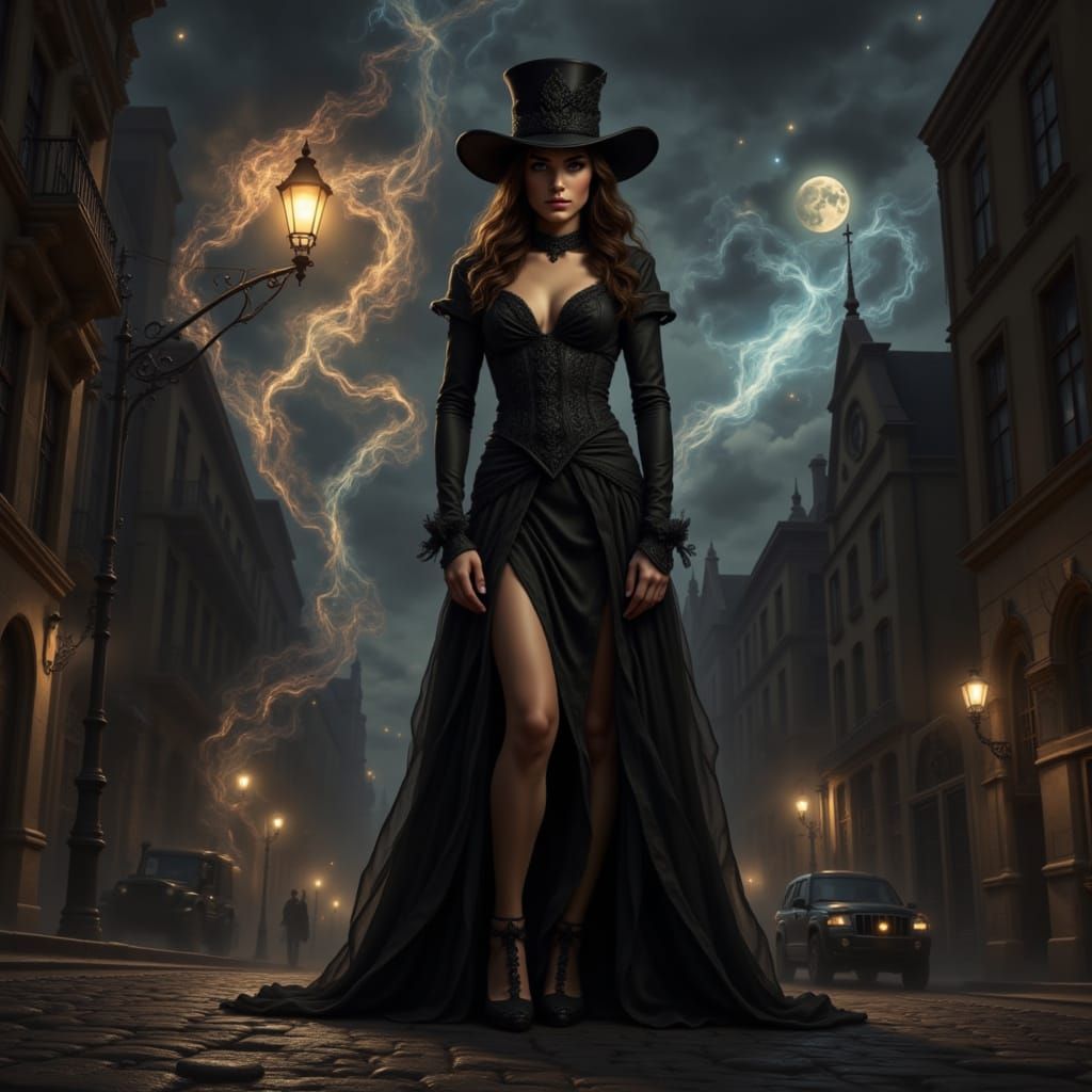 Goddess in Black Gown Under Moonlight Cityscape