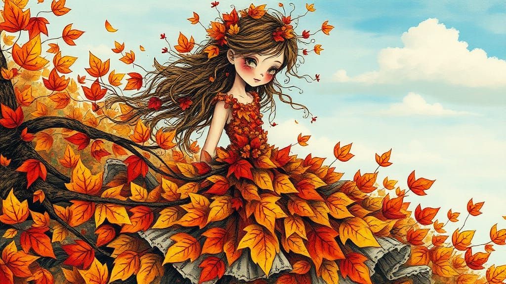 Whimsical Autumn Girl in Quentin Blake Style