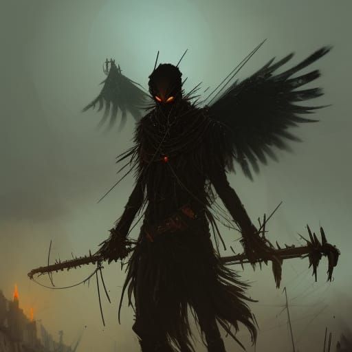 Scythe Scarecrow and Crows in Dark Fantasy Style