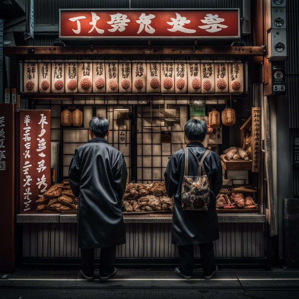 Japanese People Eating Takoyaki in Shinjuku