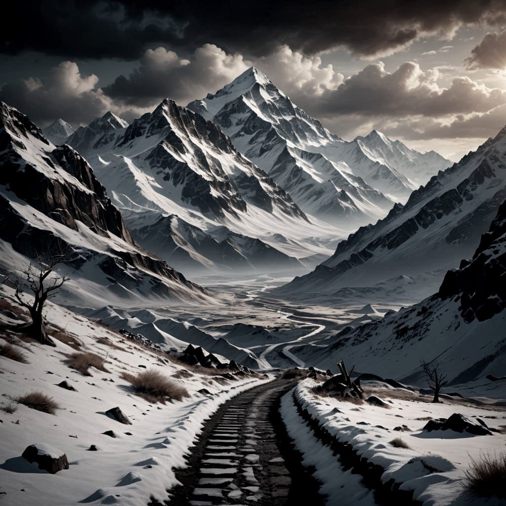 Ominous Snowy Mountains Overlook a Dead Pathway