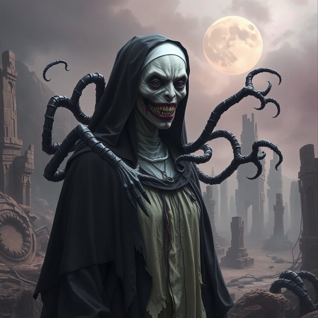 Cosmic Horror Nun in Twisted Eldritch Ruins