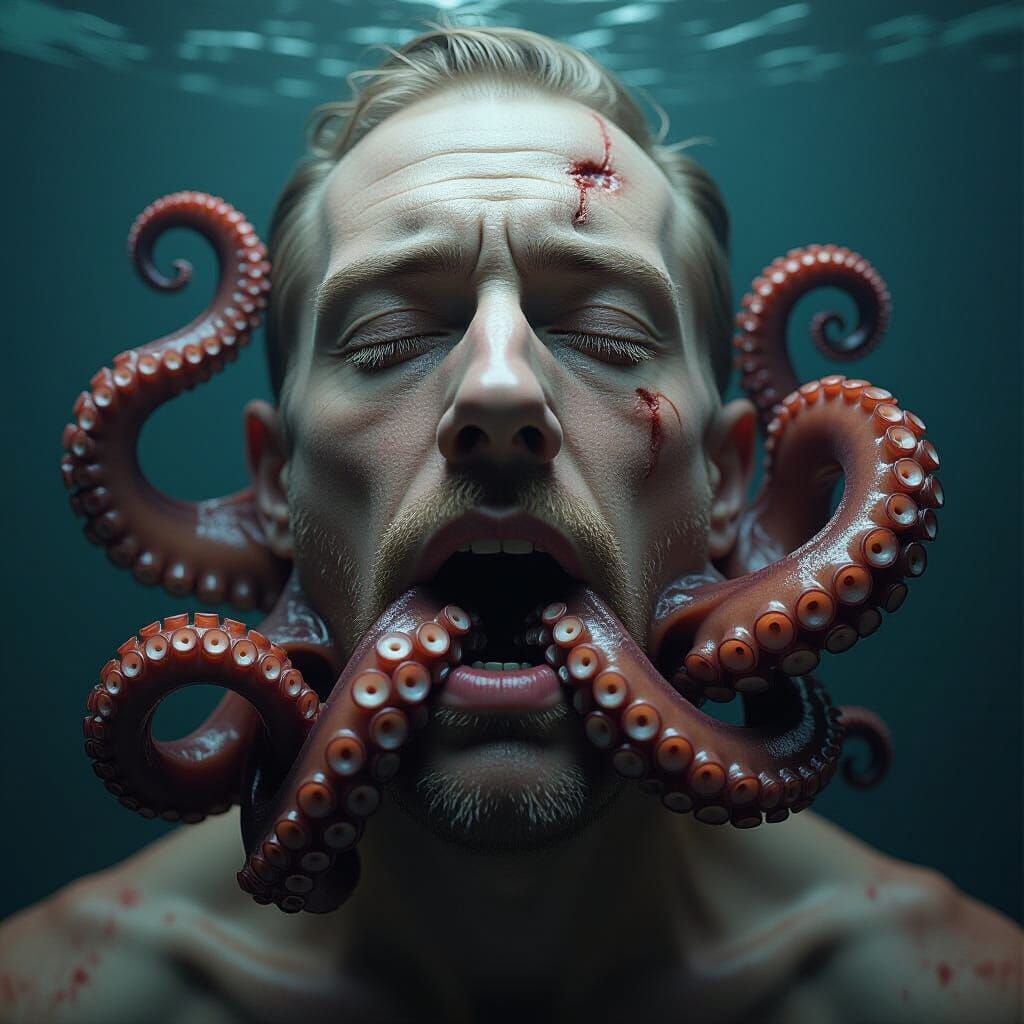 Octopus Emerging in Dark Biomechanical Surrealism