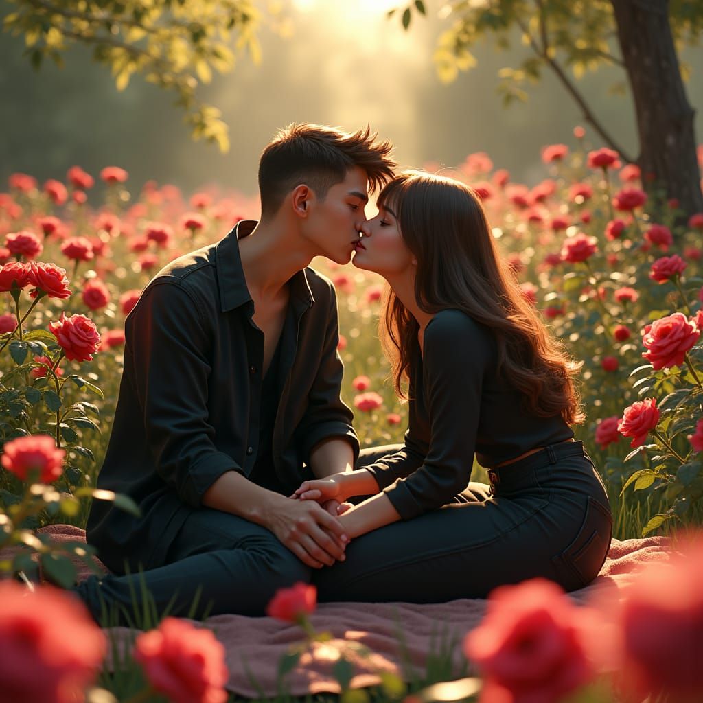 Romantic Garden Kiss: A Matte Painting in 8k