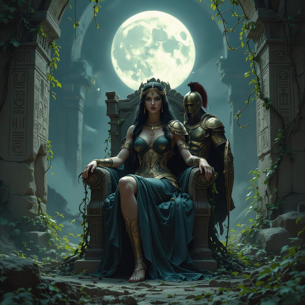 Athena and Ares in Ruined Temple by Ethereal Moonlight