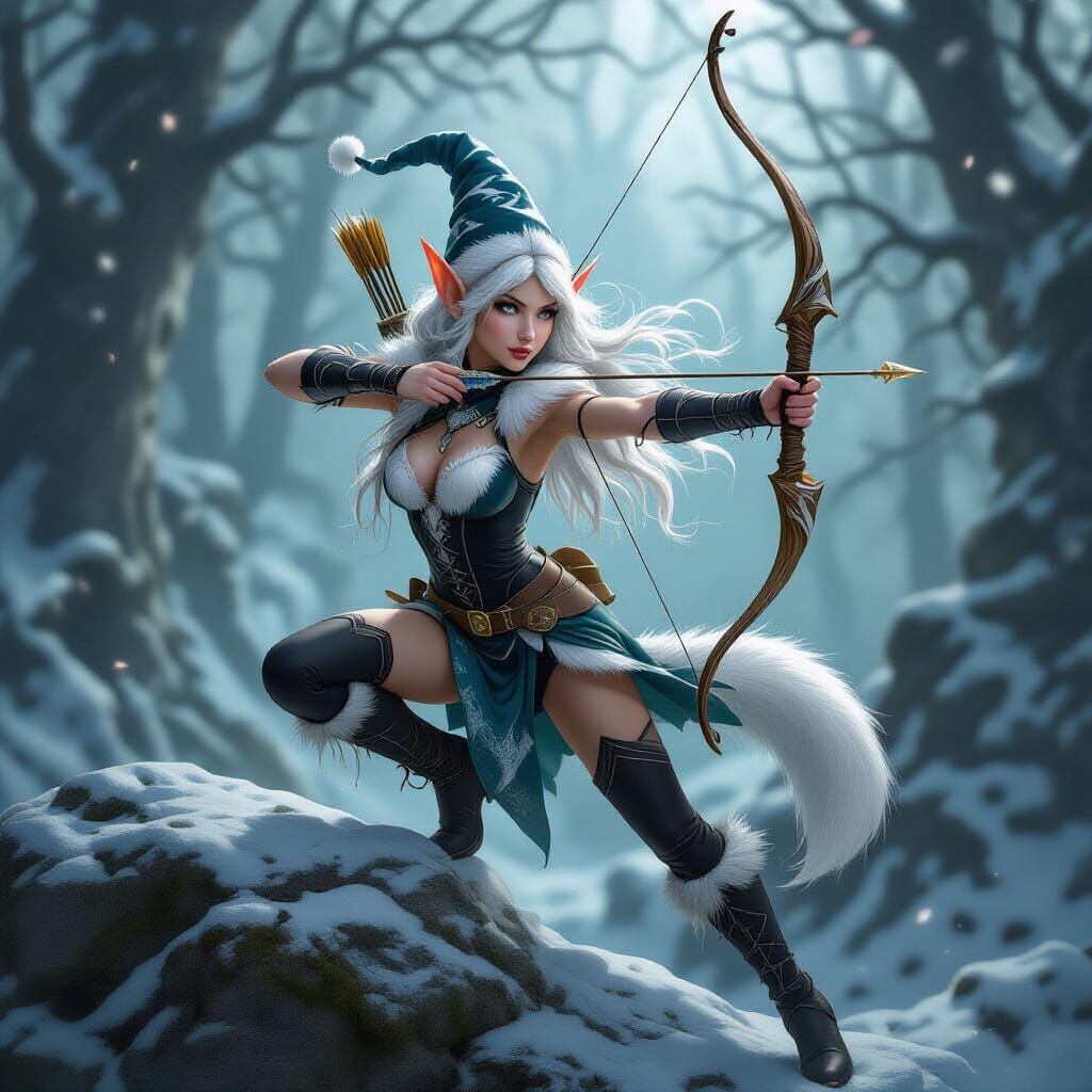 Monochrome Elf Archer Leaping from Mossy Rock