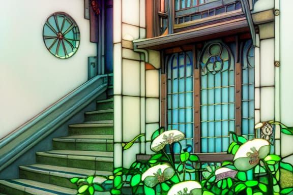 Art Nouveau Alleyway with Stained Glass Window