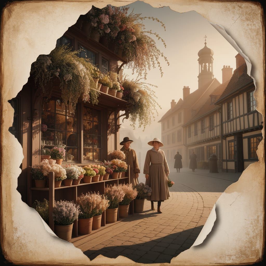 Village Street Scene as Faded Oil Painting