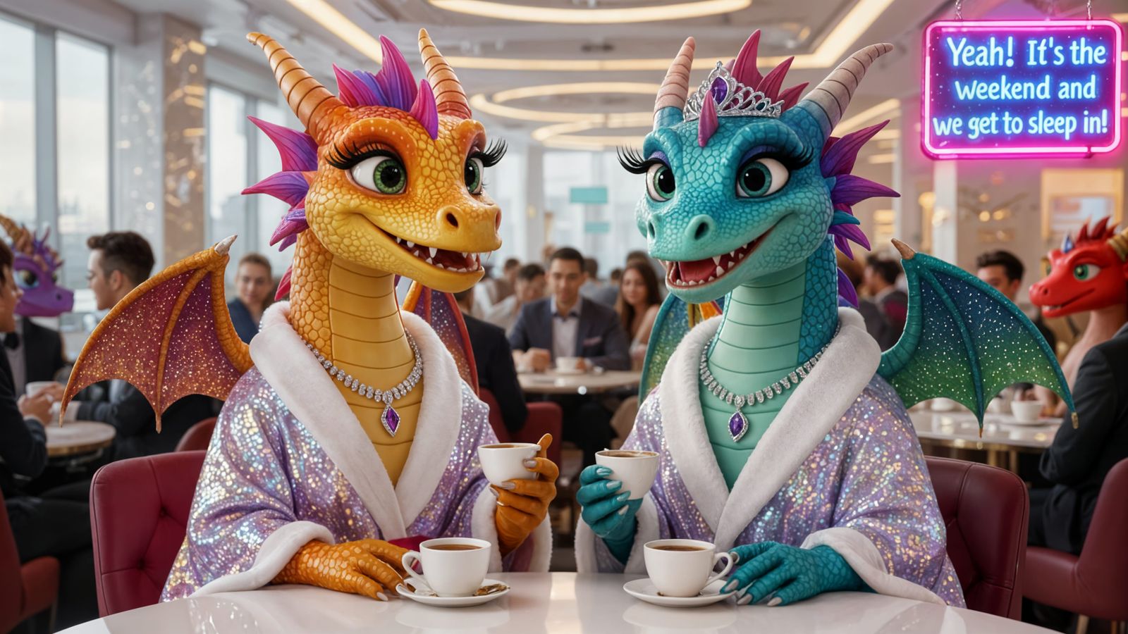 Rainbow Dragons Enjoy Coffee in a Glamorous Office