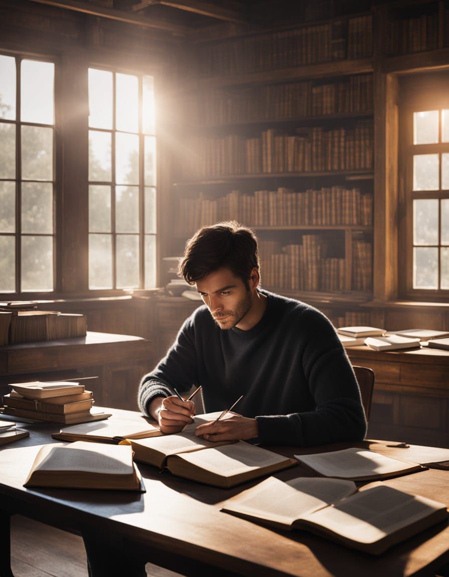 Young Man Reading in Study Hall with Morning Sunlight