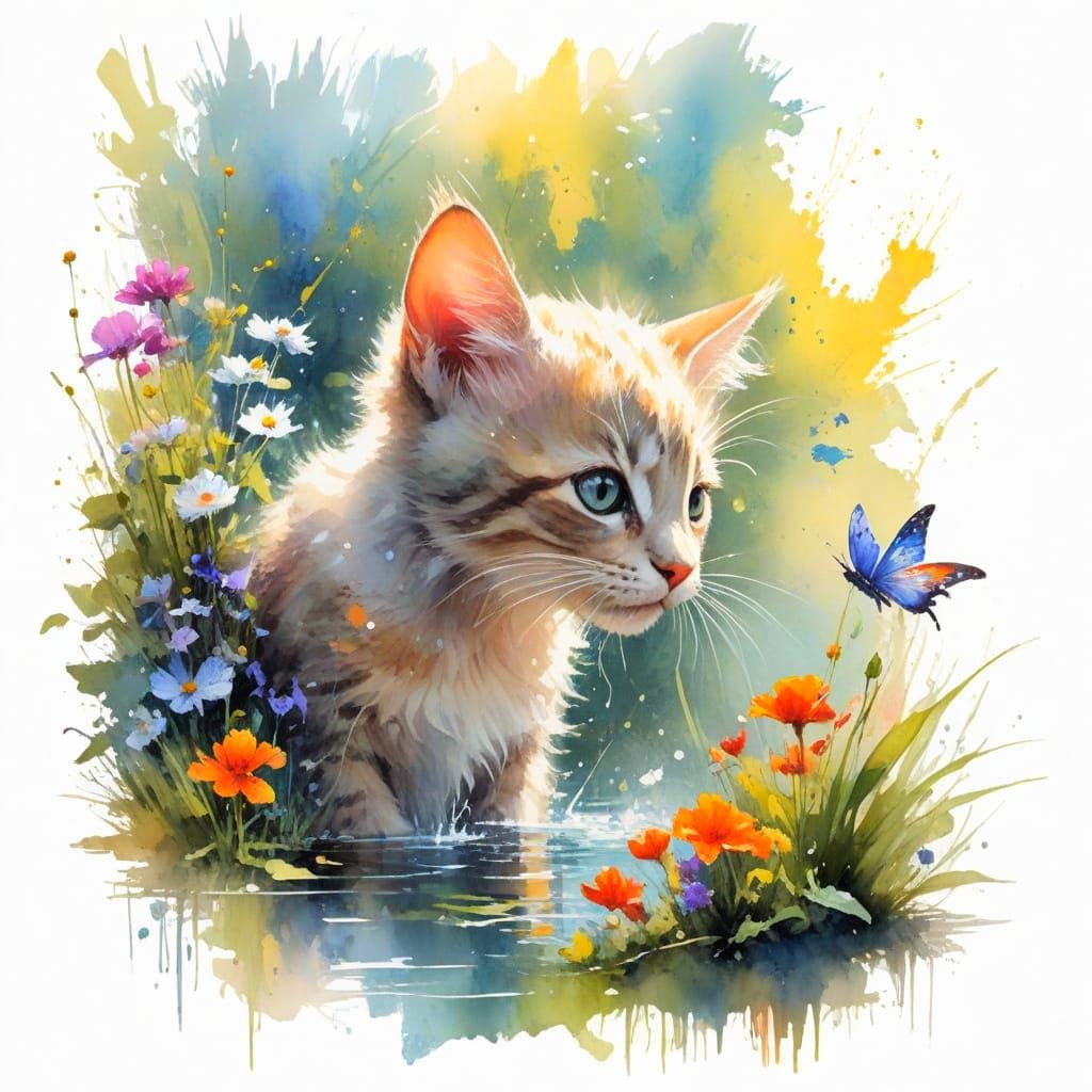 Whimsical Kitten Contemplates Fish in a Sunlit Garden