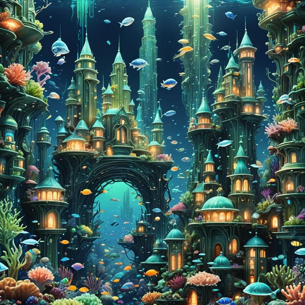 Bioluminescent Underwater Cityscape with Iridescent Kingdom