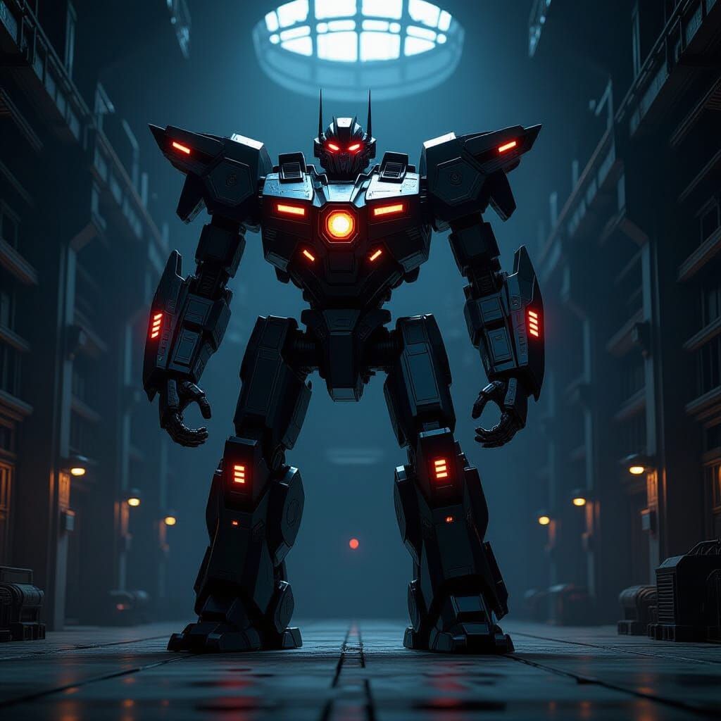 Menacing Robot in Dark Industrial Building