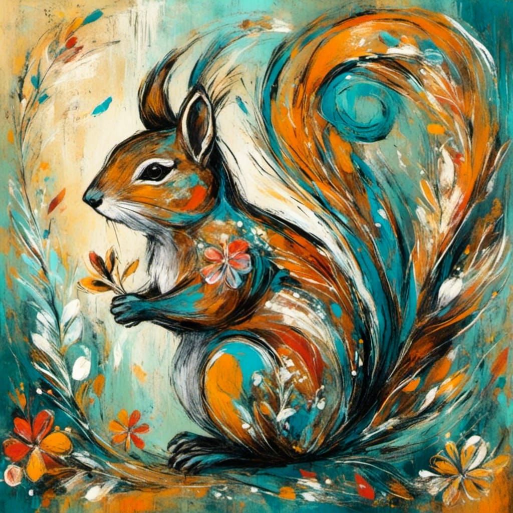 Whimsical Floral Squirrel in Neo-Expressionist Style