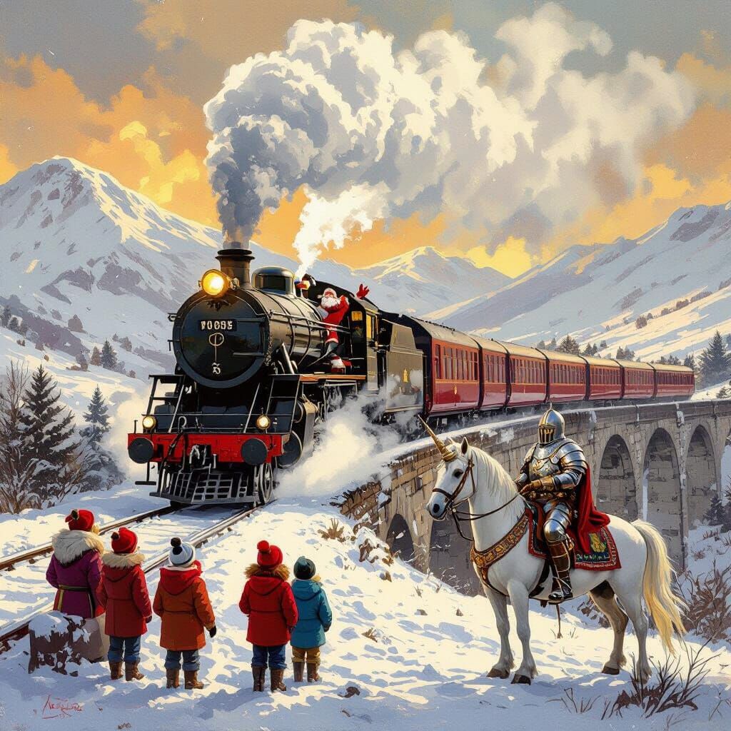 Santa on Snowy Glenfinnan Viaduct in Impressionistic Style