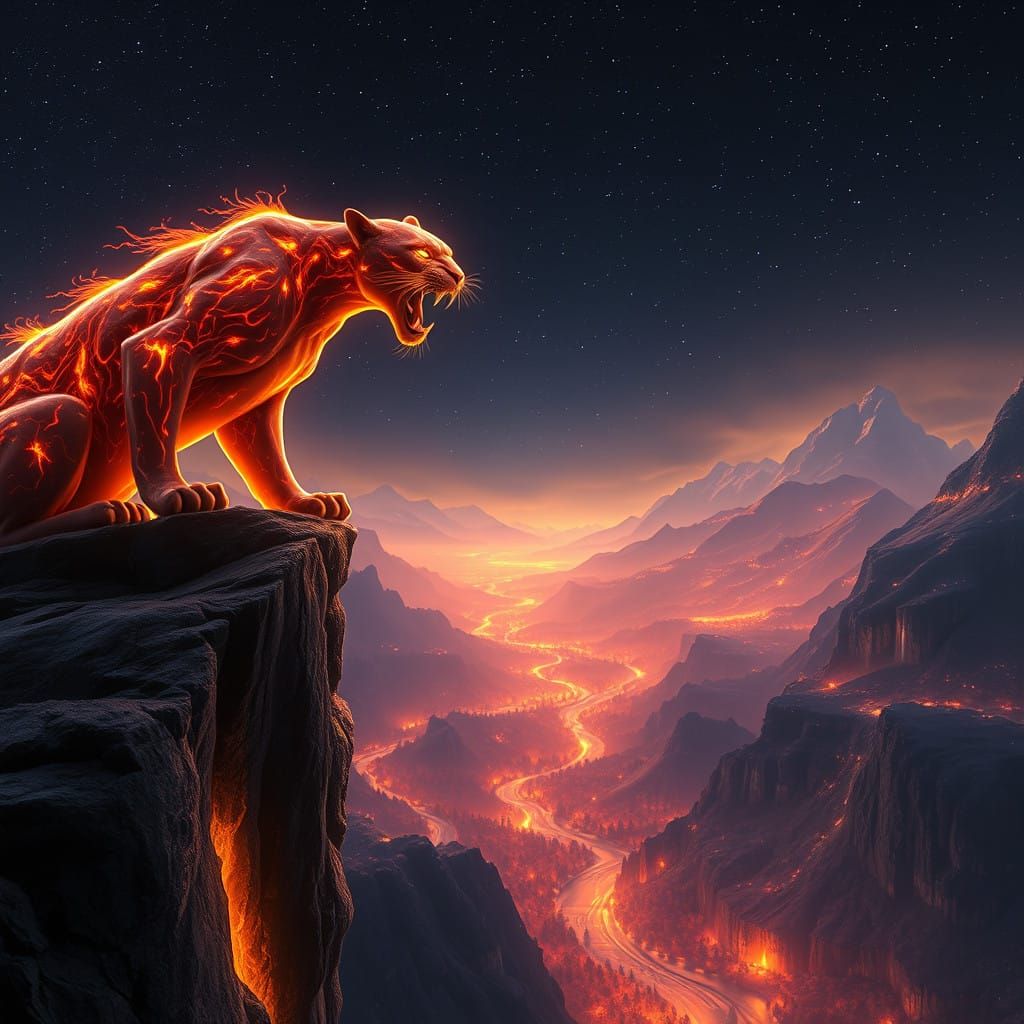 Fiery Panther Majesty in Starry Fantasy Landscape