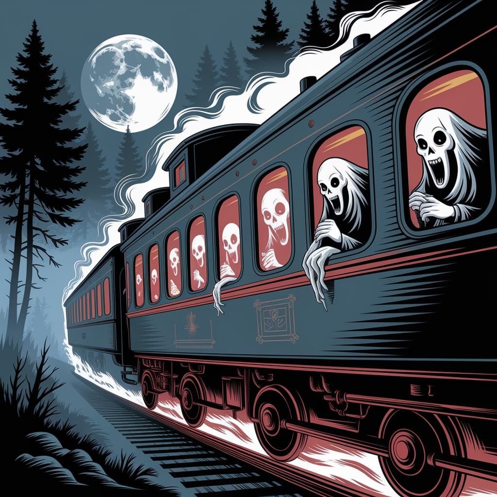 Spectral Train Rushes Through Misty Forest