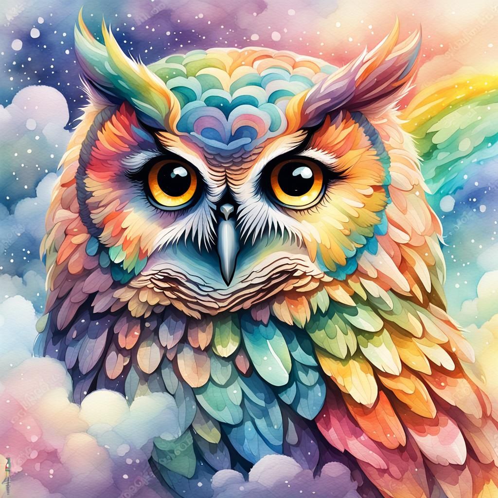 Rainbow Owl in Watercolor Illustration Style
