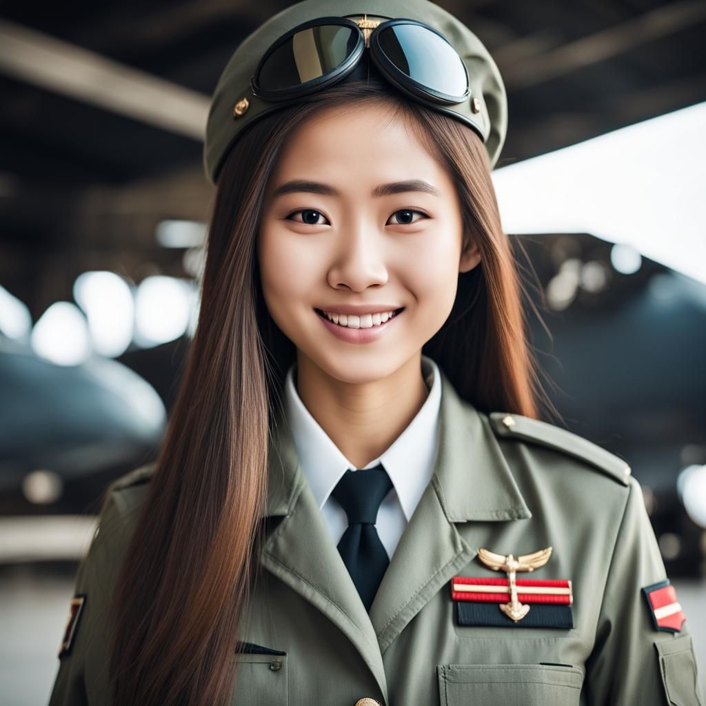 Confident Asian Pilot Girl in Military Uniform