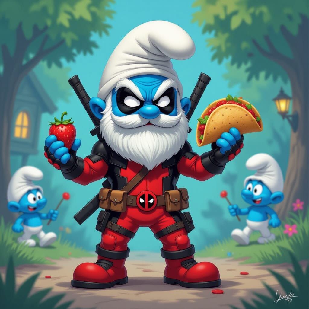 Deadpool Papa Smurf Hybrid With Smurfberry Chimichanga