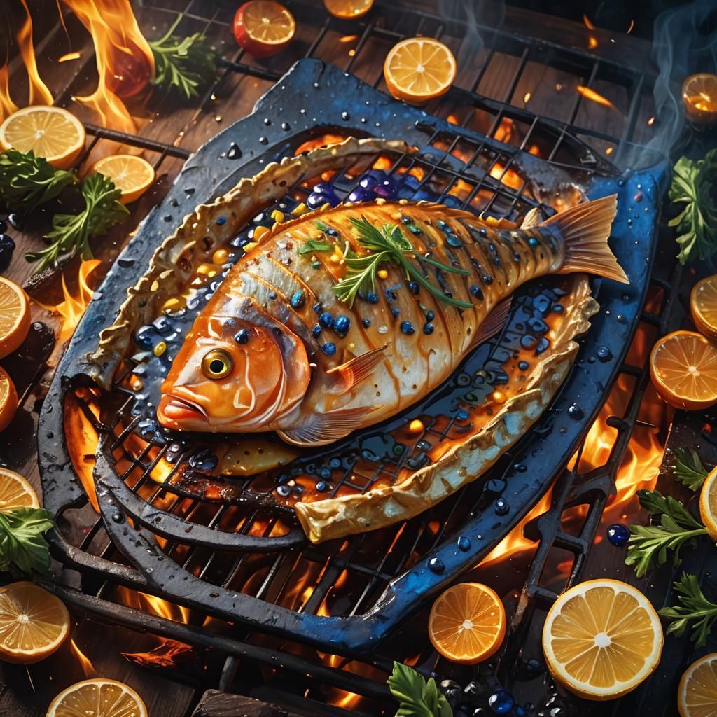 Grilled Fish Fillet in Vibrant Oil Painting Style