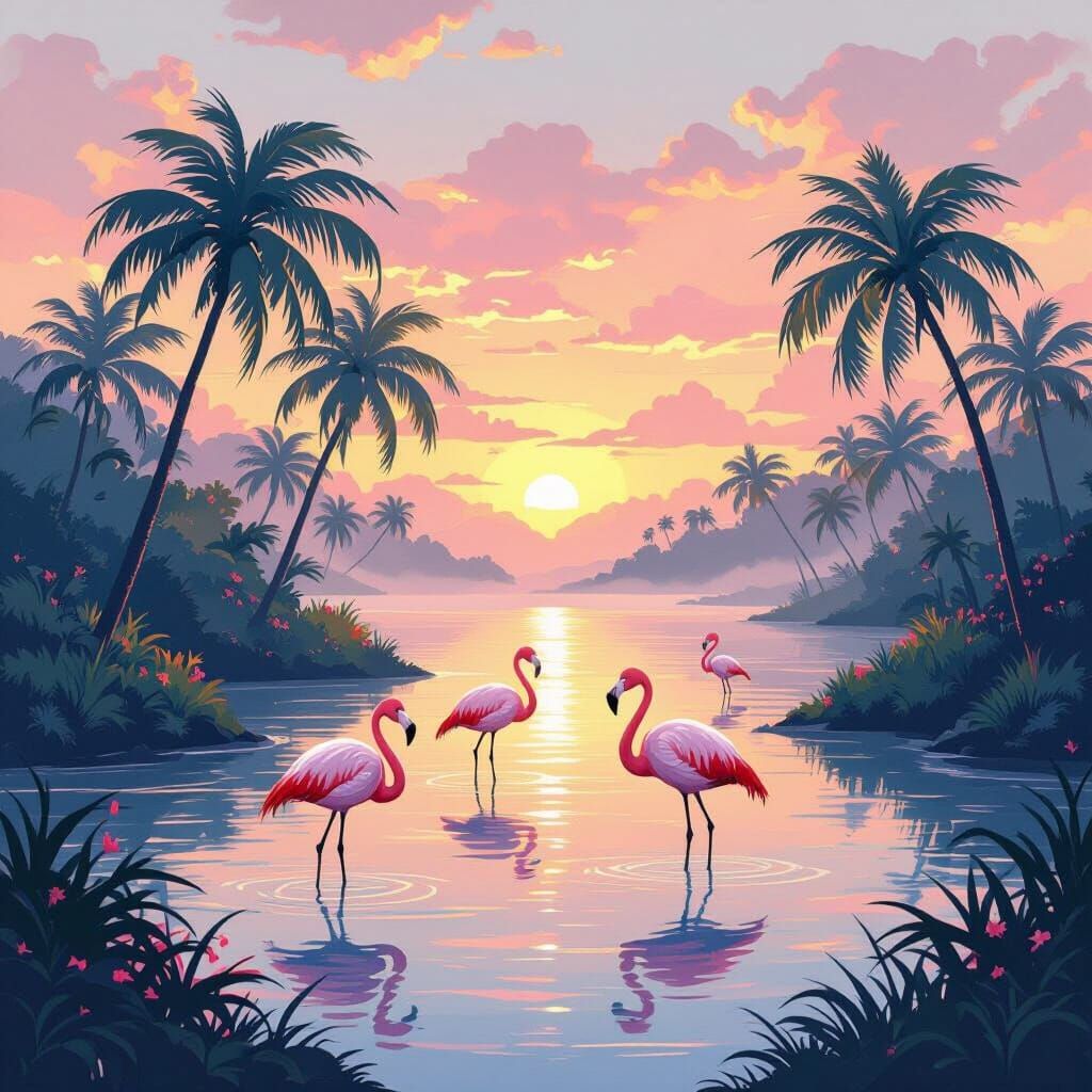 Flamingo Island Sunrise in Pop Art Style