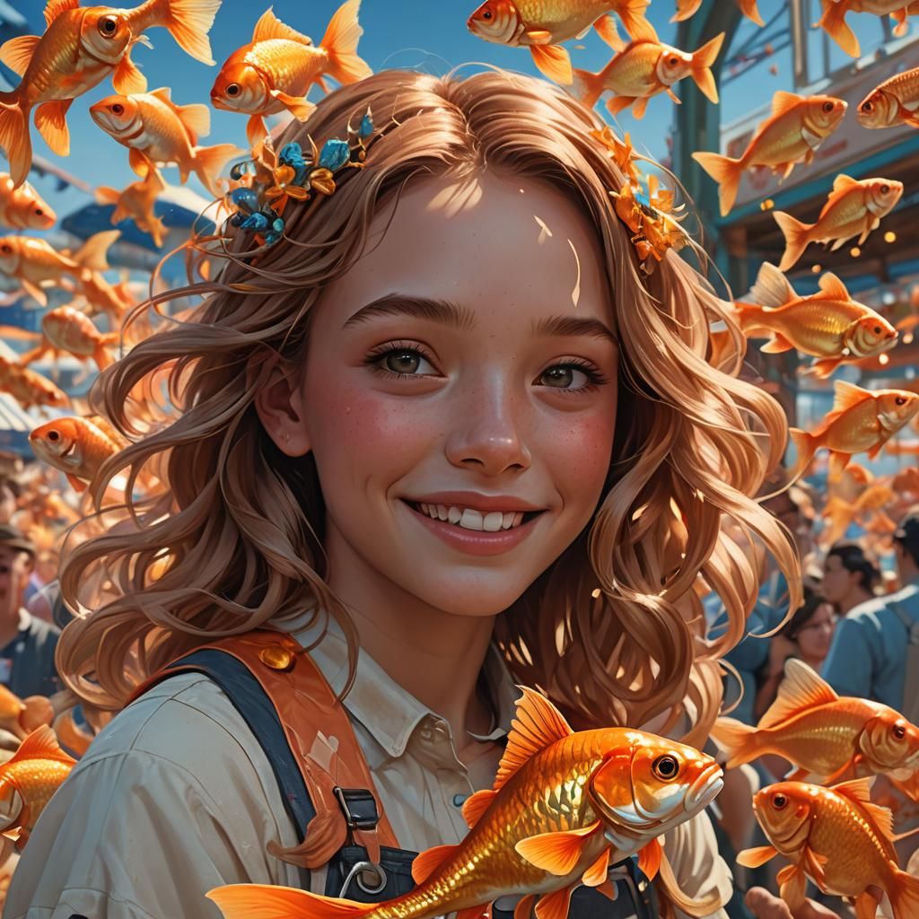 Girl Wins Goldfish at County Fair: Detailed Portrait