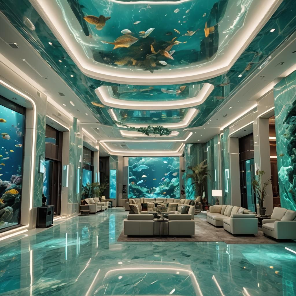 Futuristic Living Room with Aquarium in Art Deco Style